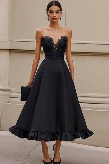Strapless Satin A Line Black Tie Dress with Appliques